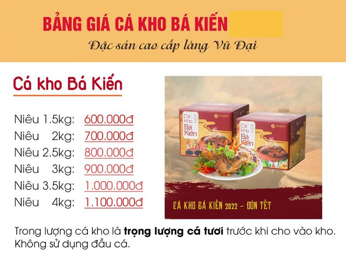 Bảng giá cá kho Bá Kiến tại Qùa Tết Việt
